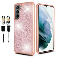 Value Pack   for Samsung Galaxy S21 FE Hard Case Hybrid Cell Phone Case Glitter Shock proof Edge Slim Bumper Scratch Cover with Temper Glass