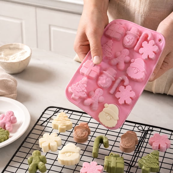 14 Cavity Christmas Silicone Candy Mold, Non-Stick Baking Tray With Santa Tree Snowman Gingerbread Shapes, For Chocolate, Cookie, Jelly & Holiday Party Dessert Making