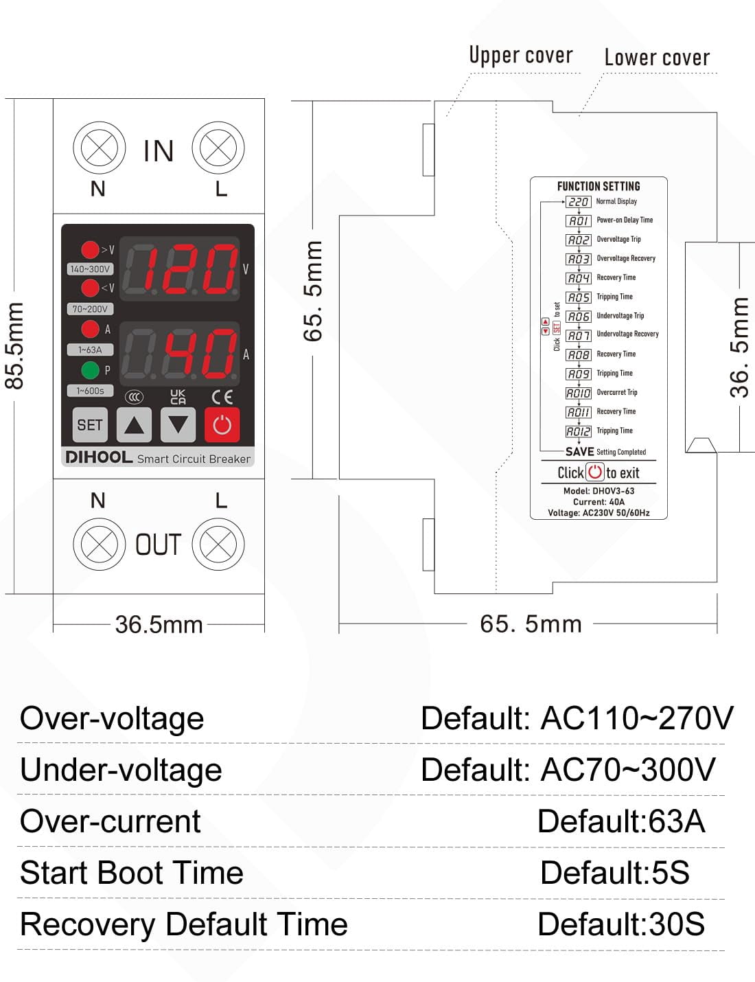DIHOOL Smart Circuit Breaker with Adjustable Current, 110V 240V Voltage Protector high or low voltage cutoff protection device