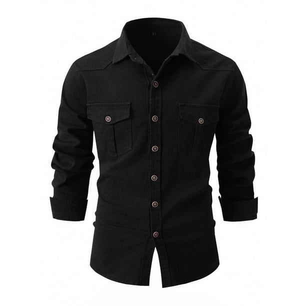 Blusa y camisa de manga larga con cuello vuelto para hombre, holgada, con solapa y botones, deportiva, de manga larga y solapa.