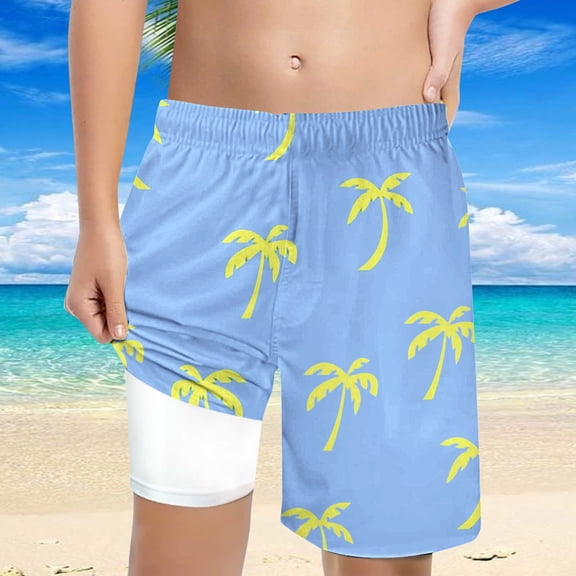 ibiyuan Boys Swim Trunks with Compression Liner Boy Swim Suit 2 In 1 Little Boys Swim Shorts Stretch Cute Print Beach Boards Swimsuits