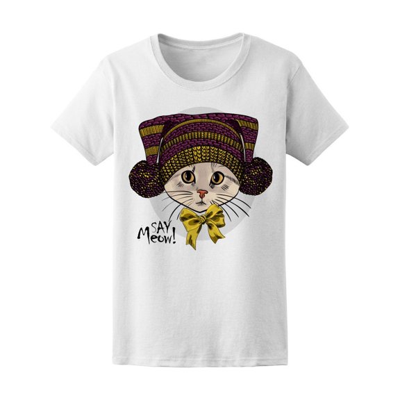 Say Meow Cat With Knitted Hat Tee Women's -Image by Shutterstock