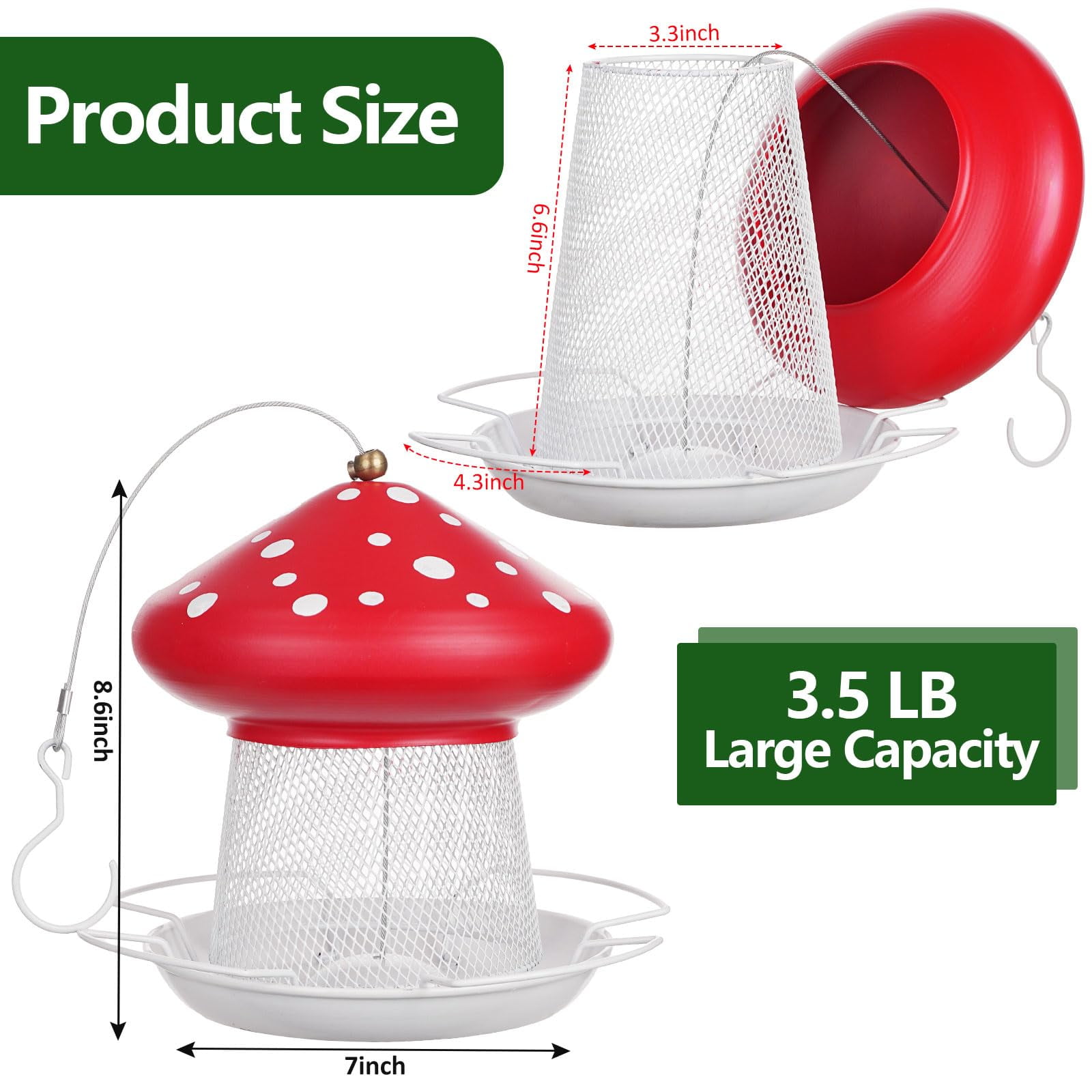 Samhe Bird Feeder, Mushroom Shape Outdoor Metal Wild Bird Feeder for Garden Yard Outside 3.5 lbs Large Capacity