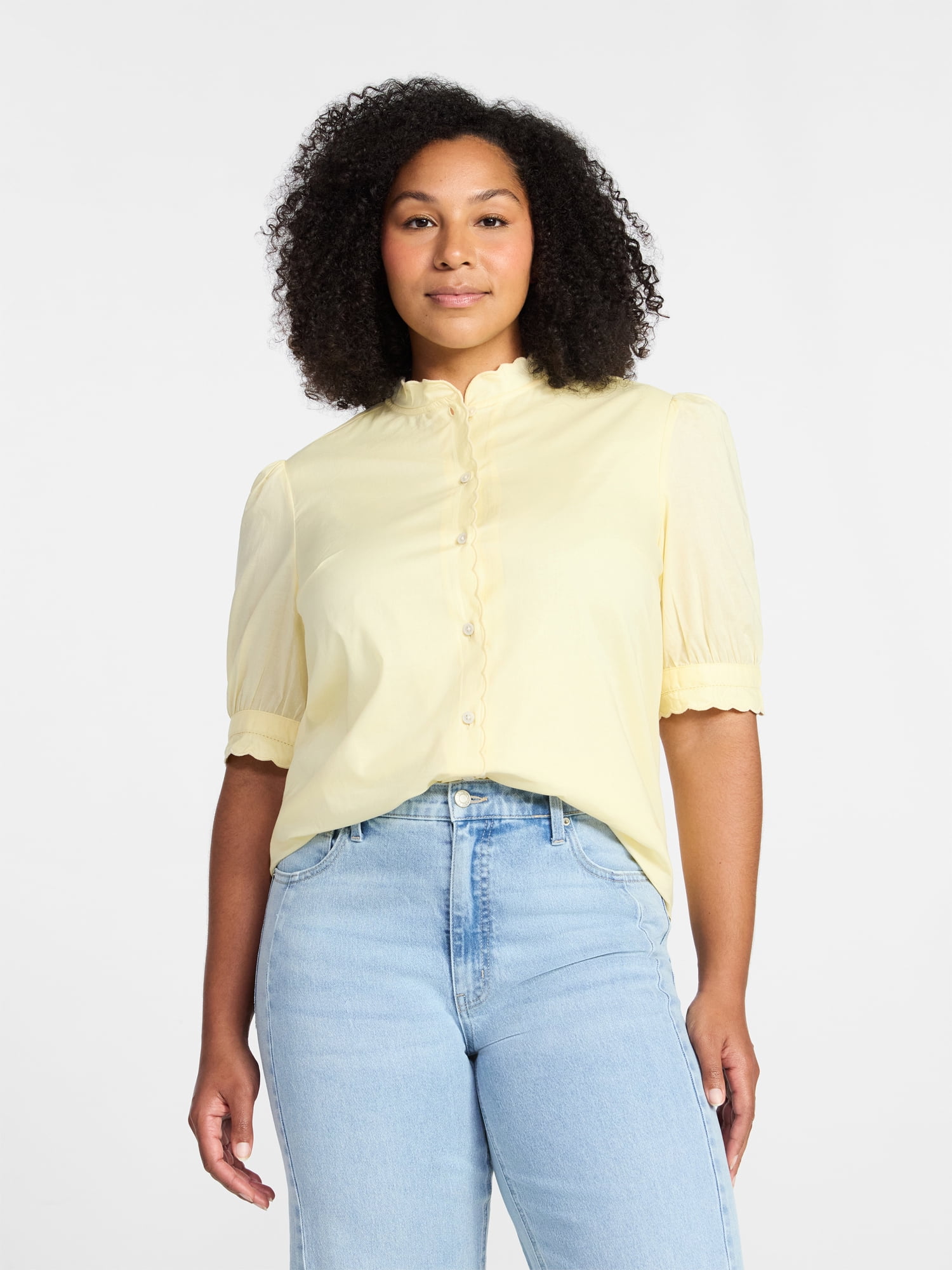 Time and Tru Women's Cotton Scalloped Edge Blouse with Short Sleeves, Sizes XS-XXXL