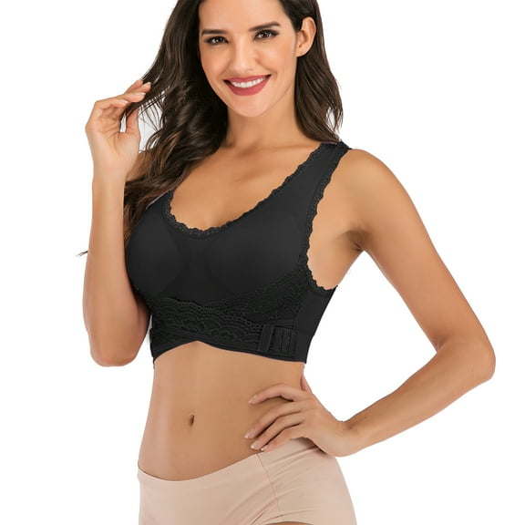 Lace Sport Bras Solid Cross Front Side Buckle Yoga Bra Non-wired Push Up Bralette for Women Bra, Black, XL