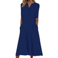 thumbnail image 1 of Vestido Umfun para mujer, cuello en V, botones, falda larga, manga corta, liso, versátil, azul oscuro, talla S, 1 of 5