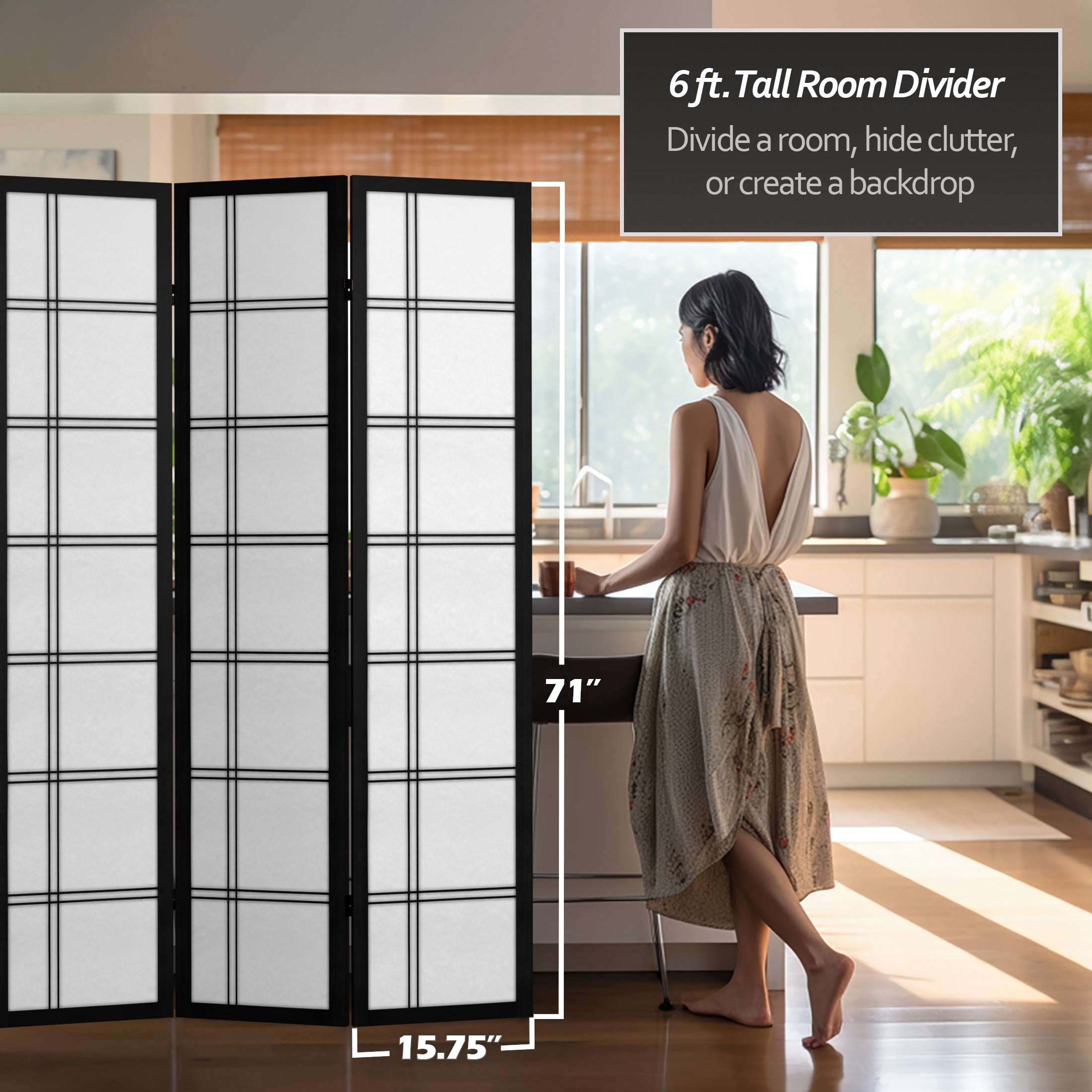 Oriental Furniture 6 ft. Tall Canvas Double Cross Screen - Black - 4 Panel