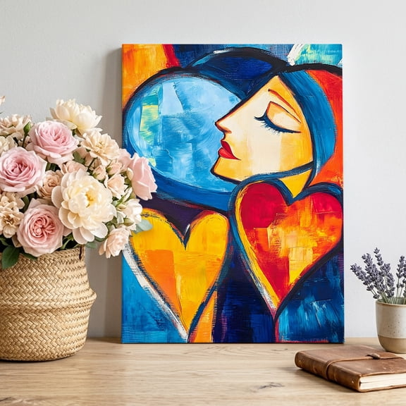 Canvas Wall Art Abstract Art Canvas Art Print Deep Blue Yellow Stylized Figure Hearts Modern Pictures Wall Decor for Living Room Bedroom Artwork Decorations Stretched Framed Ready to Hang 12"x16"