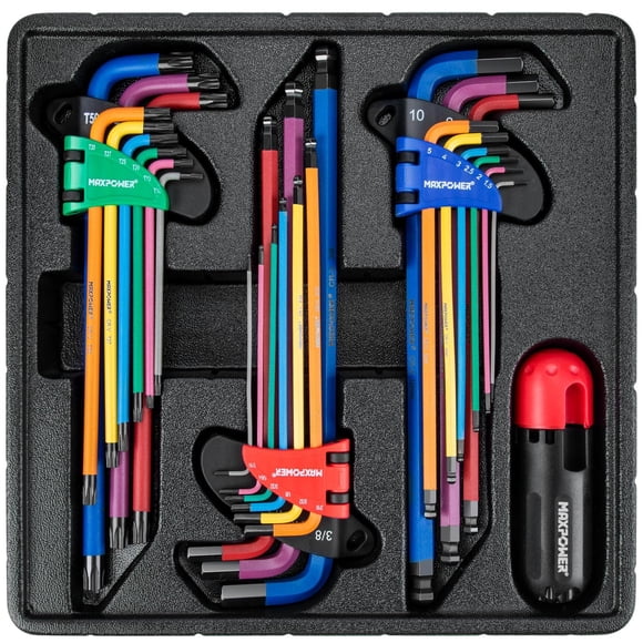 Juego de Llaves Allen MAXPOWER Negro con 27 Piezas SAE, Métricas y Torx de Brazo Extralargo con Mang