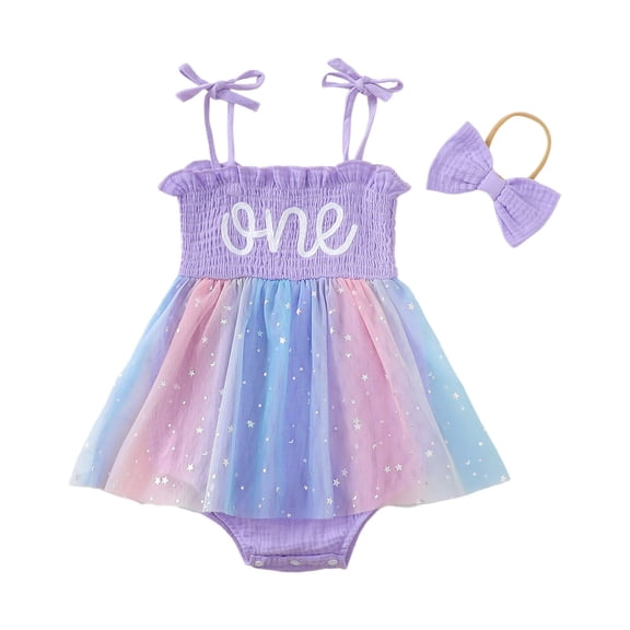 Sjldqy Baby Girl Romper Sleeveless Square Neck Letter Print Onesie First Birthday Romper Dress Tulle Skirt Sweet Princess Summer Soft Toddler Romper Size 6-12 Months Purple
