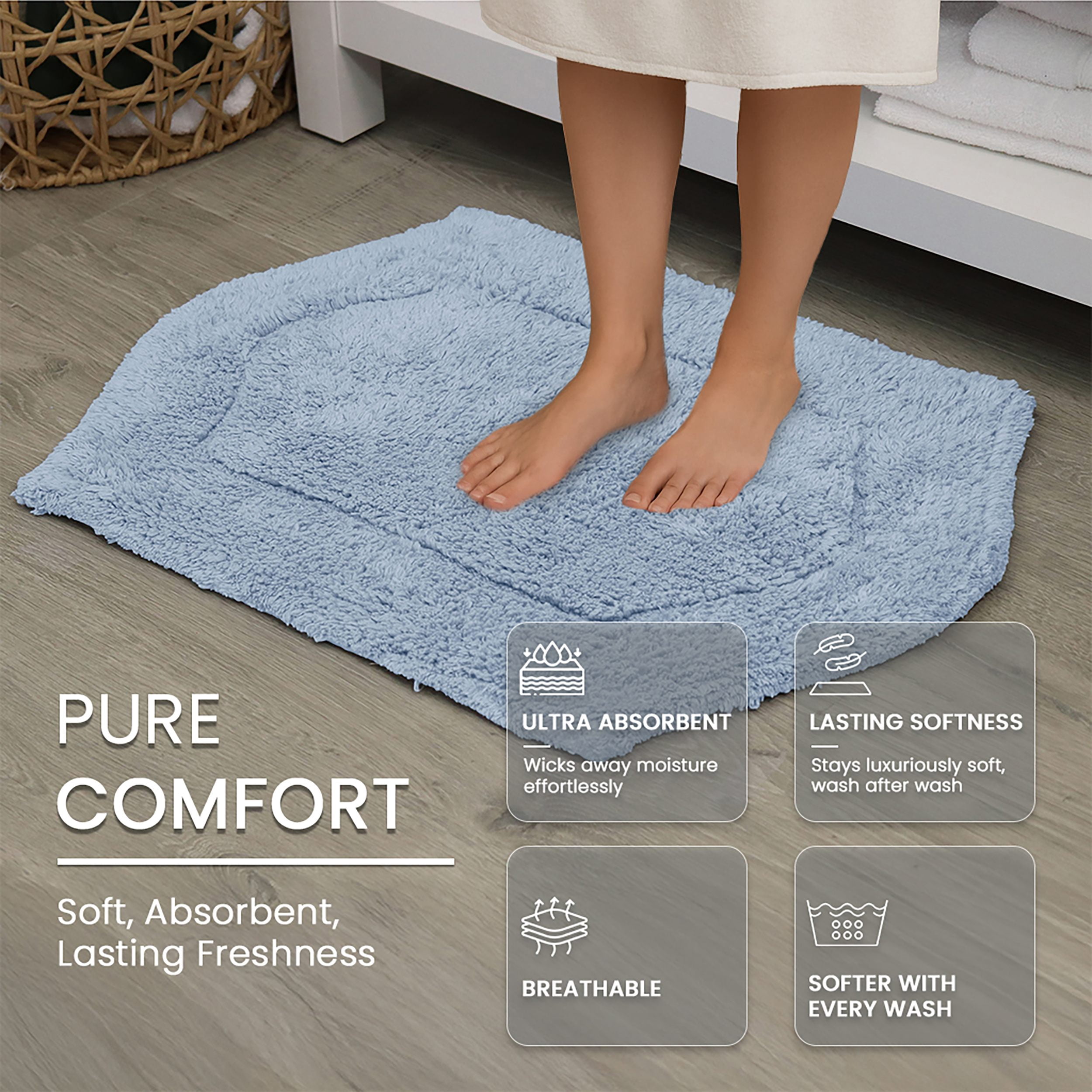 Home Weavers Inc Waterford Collection 100% Cotton Non-Slip Bathroom Rug Set, Machine Washable Bath Rug, 5 Piece Bath Mat Set with Tank Lid Cover Blue