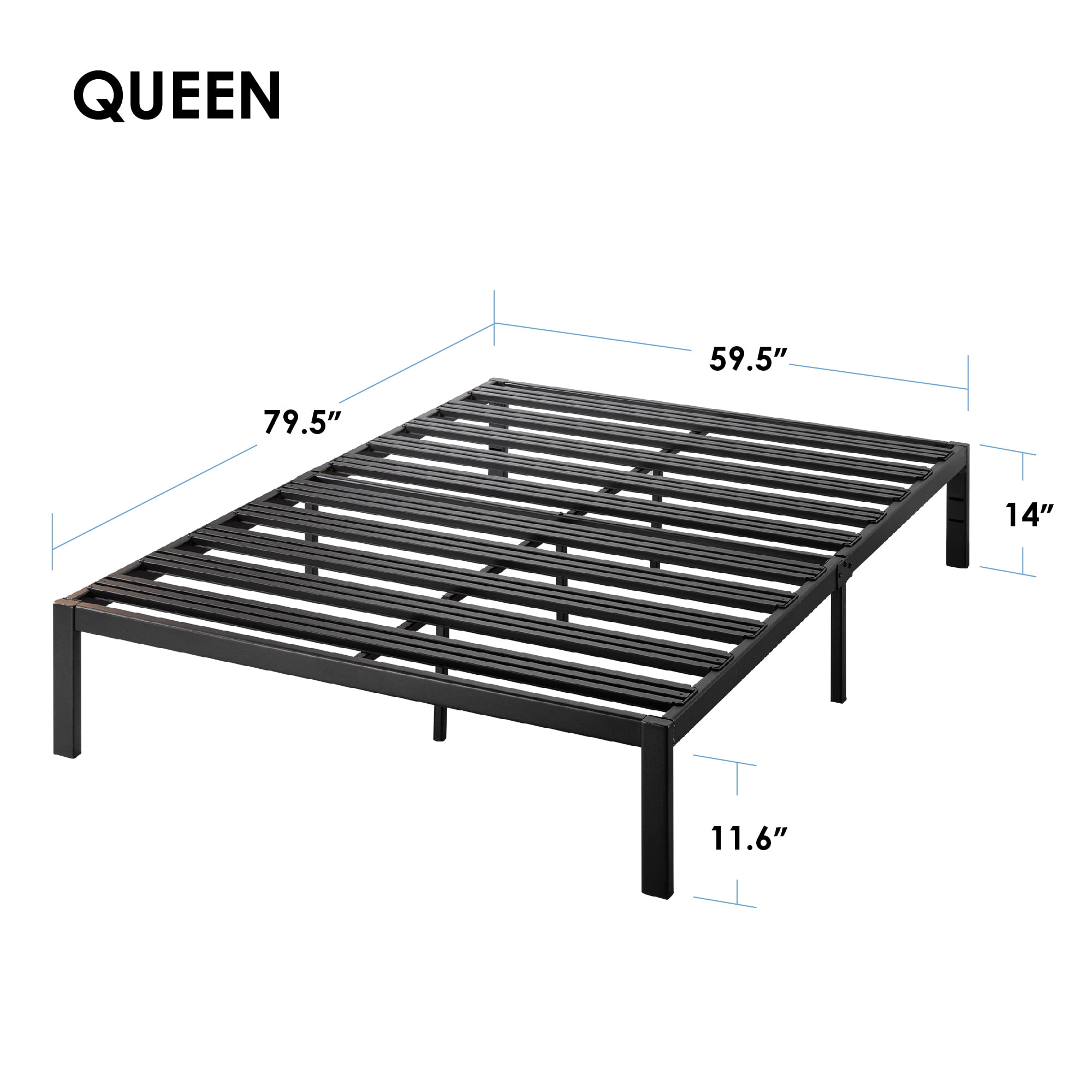 Mellow Rocky Base E Metal Platform Bed, Patented Wide Steel Slats, Black, Queen