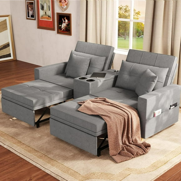 AECOJOY Lit-Lit 3-en-1 de 75 Pouces, Canapé-Lit Convertible à Tiroir avec Ports USB et Table d'Appoint, Fauteuil-Lit pour Salon, Gris Foncé