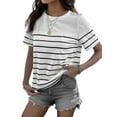 thumbnail image 3 of Hibeli Women's Striped Shoulder Button Crew Neck Short Sleeve T-Shirt, 3 of 7