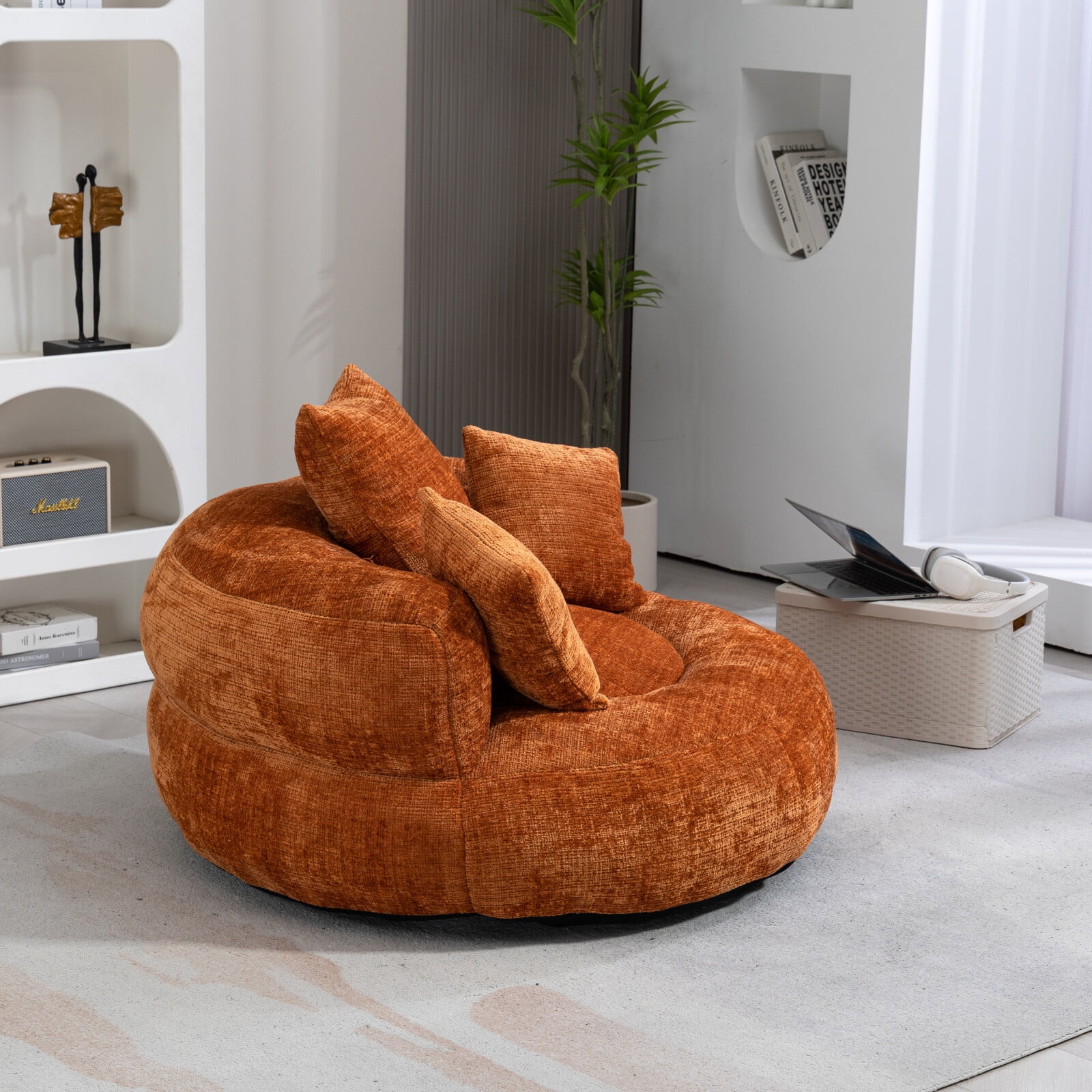 Oversized Chenille Bean Bag Chair for Adults & Kids, Indoor & Outdoor Lazy Bean Bag Sofa with Wrap-Around Backrest & Pillows for Bedroom, Living Room, Playroom, 42.52''x42.52''x20.47'', Orange
