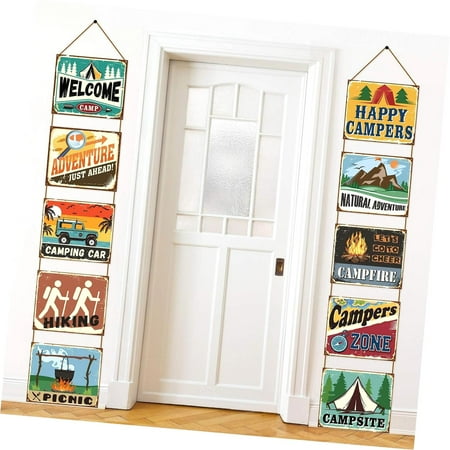 SKYSONIC 10 Pcs Camping Party Decorations 12 x 10 Inch Camping Party Sign Welcome Camp Banner Outdoor Photo Props Backdrop with 2 Ropes and 40 Glue Point Dots