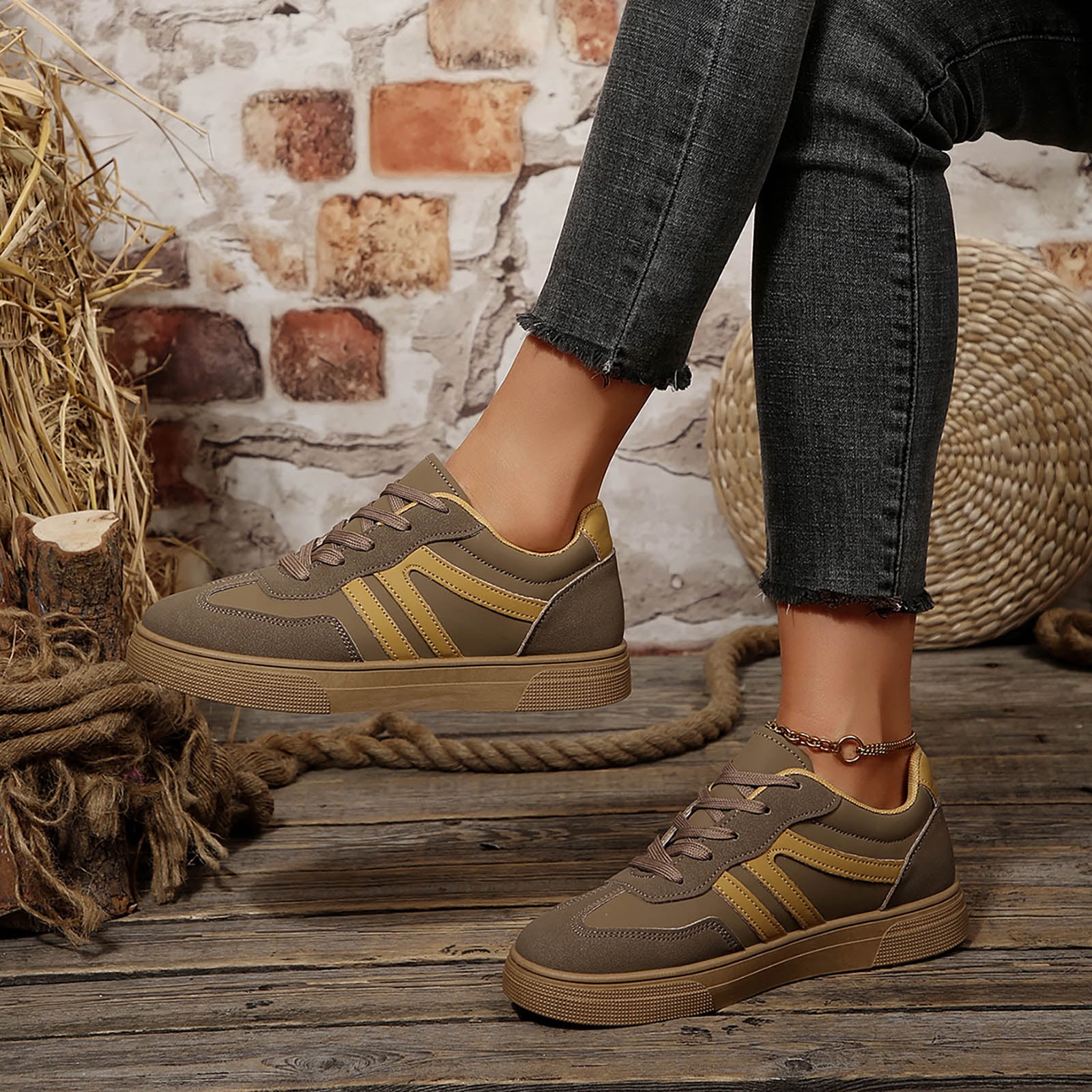 Flat Shoes for Women Vintage Classic Thick Sole Trainers Skate Shoes Splice Suede Lace up Antislip Walking Tennis Shoes Low Top Sneakers Gray Size 7.5