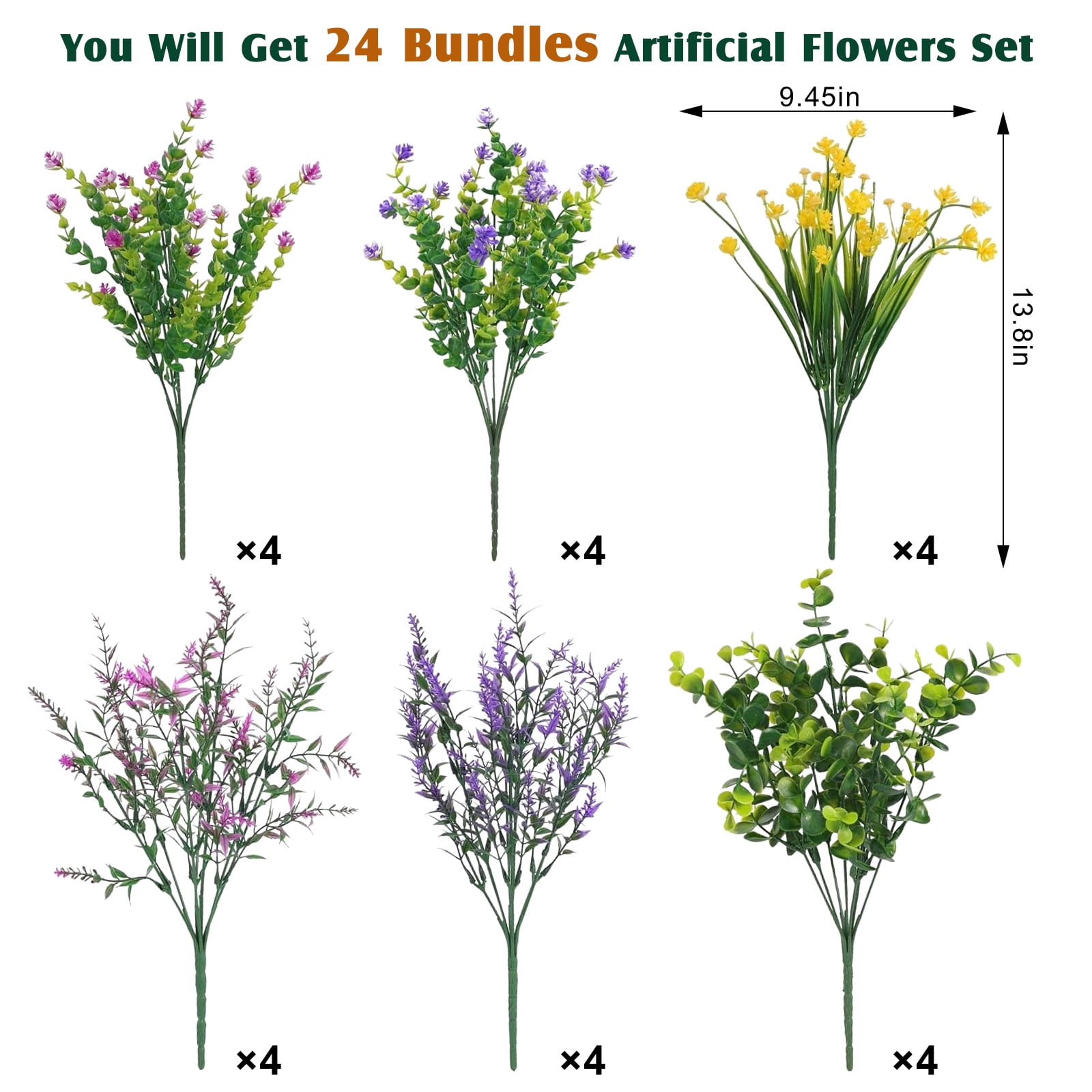 Inadays Artificial Flowers for Outdoor Indoor, 24 Bundles Fake Plant Colorful Eucalyptus camellia UV Resistant for Garden Yard Wedding Farmhouse Balcony Porch Patio
