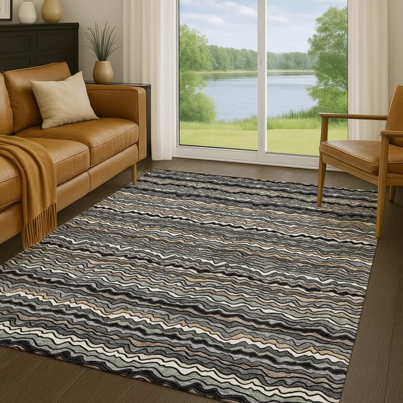 Addison Rugs Chantille Indoor/Outdoor Transitional Stripes Black Machine Washable Rectangle Rug, 10' x 14'