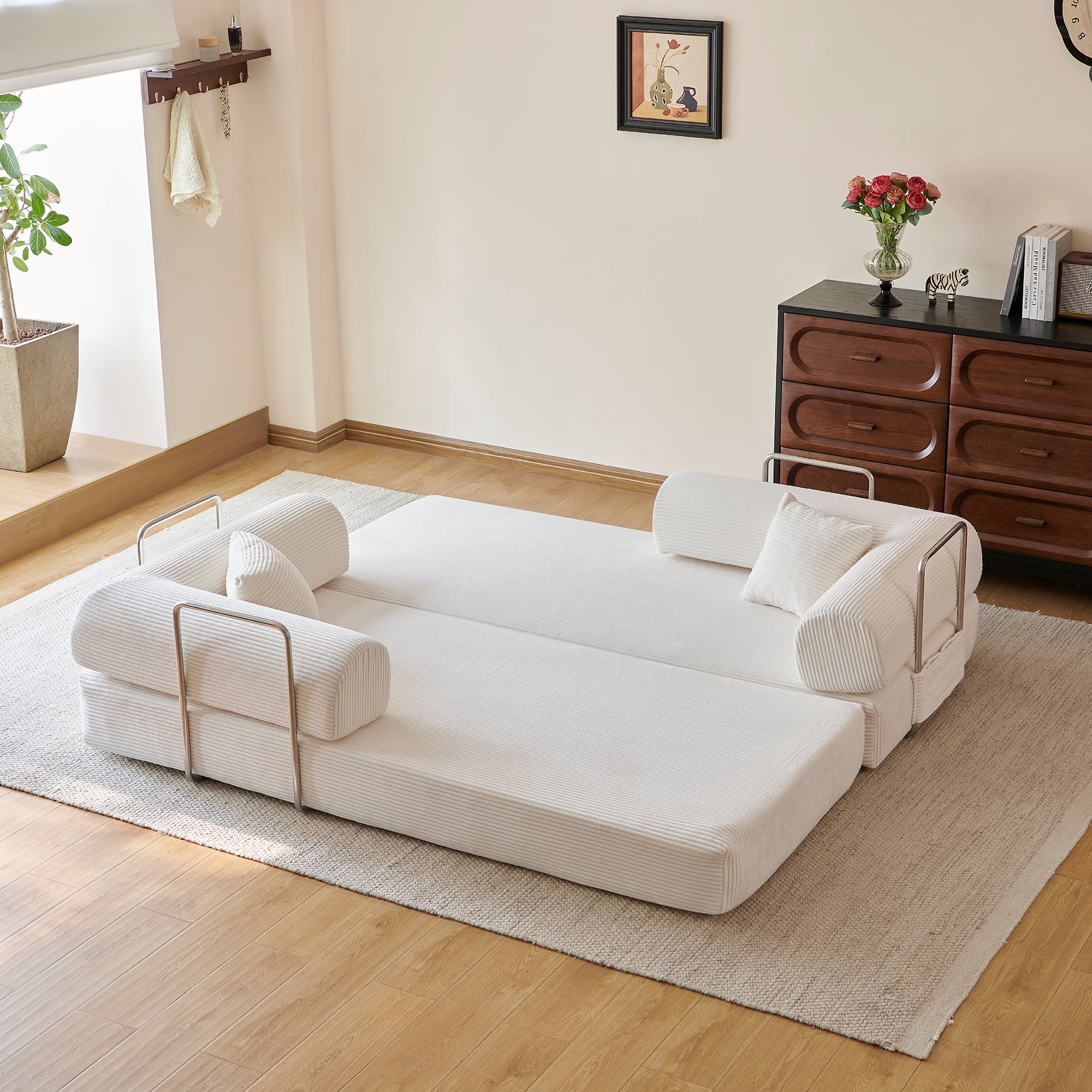 Howcool 79" Boneless Sleeper Sofa Bed, 2-in-1 Pull Out Convertible Loveseat Couch with 2 Throw Pillows, Corduroy Futon Floor Sofa for Living Room, No Assembly Required, White