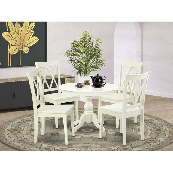 East West Furniture HBCL5-LWH-W 5 Piece Kitchen Dining Table Set - Linen White Breakfast Table and 4 Linen White Kitchen & Dining Room Chairs with Double X-Back - Linen White Finish