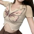 thumbnail image 4 of Women V Neck Top Butterflies Pattern Irregular Hem Slim Fitted Short Type Summer Casual T Shirt Brown S, 4 of 8