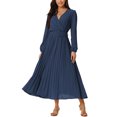 thumbnail image 2 of INSPIRE CHIC Robe Plissée pour Femme Manches Longues Bouffantes Col en V Robe avec Ceinture à la Taille TG Bleu Marine, 2 of 6