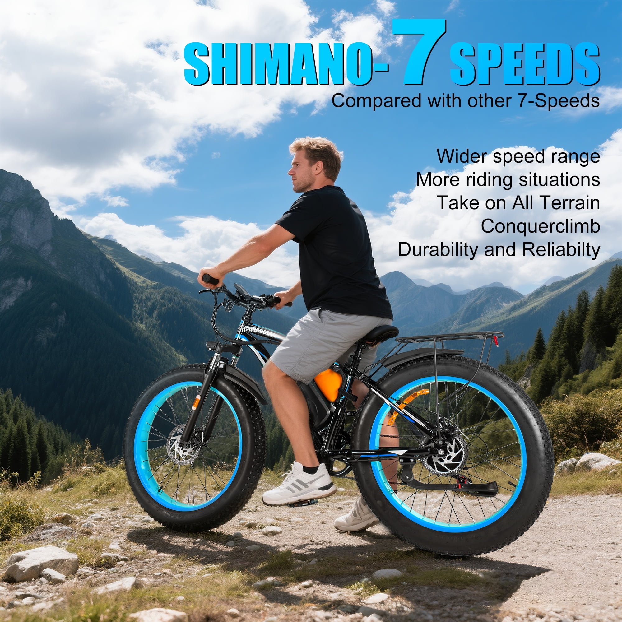 EOEOTWO 26x4.0 Fat Tire Electric Mountain Bike, Peak 1500W Motor Up to 30MPH, 48V 20Ah Long Range E-Mountain Bike, 7-Speed Off-Road Snow Ebike UL2849