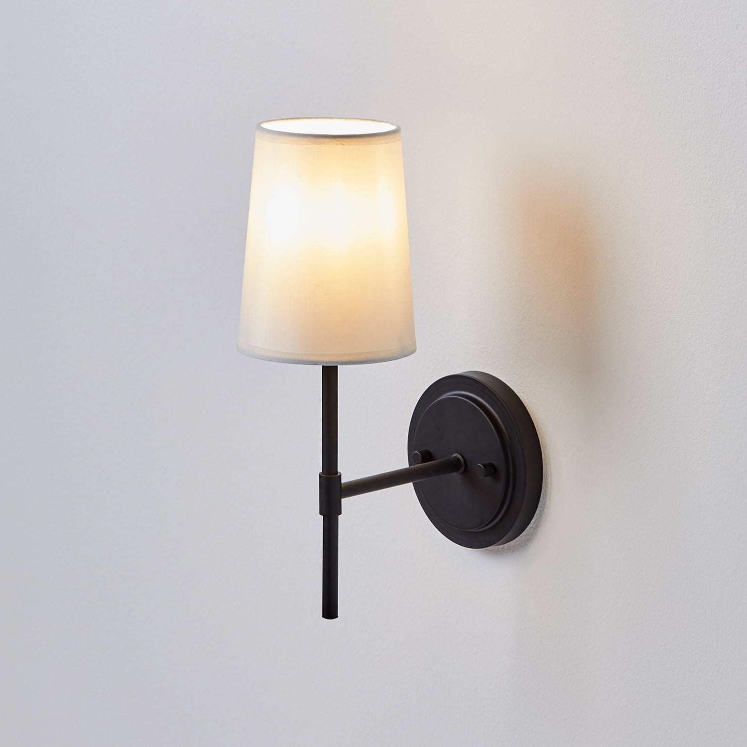 Better Homes & Gardens Matte Black 1-Light Indoor Wall Sconce, White Fabric Shade, Bulb Included