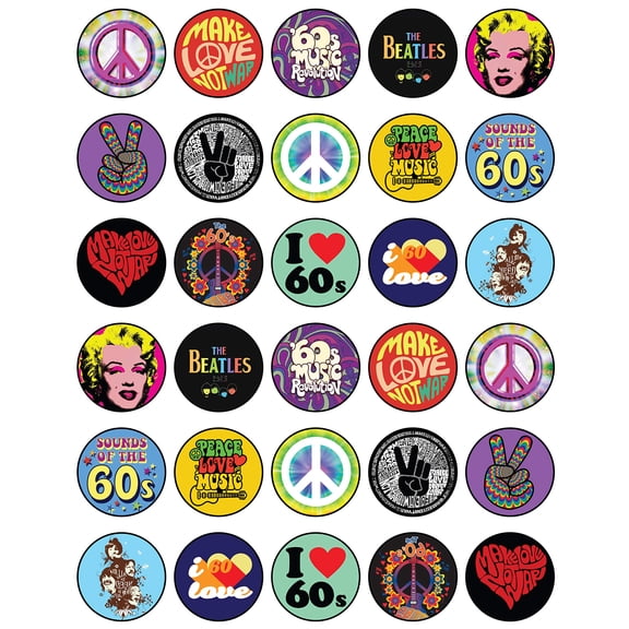 30 x Edible Cupcake Toppers Themed of 60's Sixties Collection of Edible Cake Decorations | Uncut Edible on Wafer Sheet