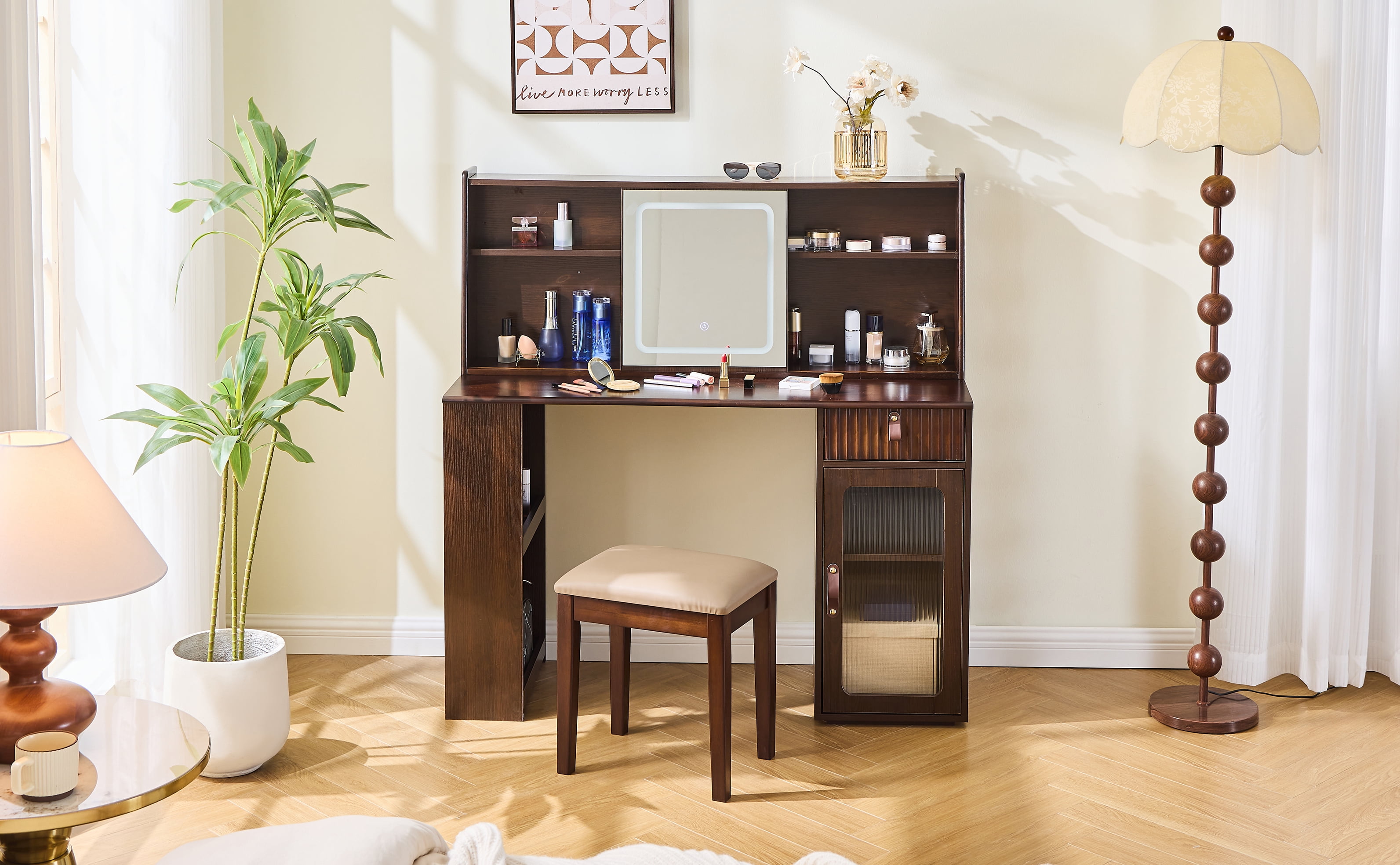 Euroco Modern Walnut Vanity Set with Sliding Touch Mirror & LED Lighting – Fluted Drawer Panel, Ample Storage, Solid Wood Frame, Stool Included