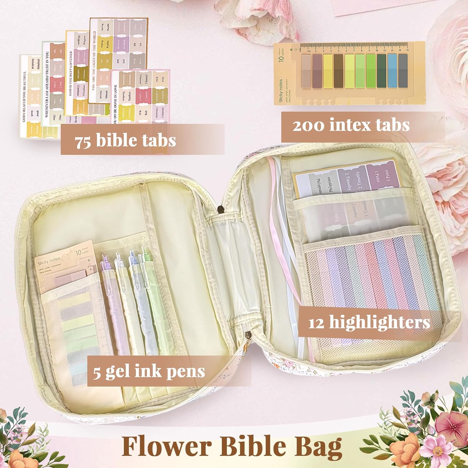 Bible Cover Case for Women,Bible Study Supplies Accessories,Bible Journaling Kit,Pink Flower Carrying Case with Highlighters - Spliced Flower