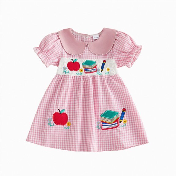 mgoYE Toddler Baby Girl Back to School Outfit Apple Sleeveless Dress Fly Sleeve Smocked Dresses Girls Summer Clothes(Pink,4-5 Years)