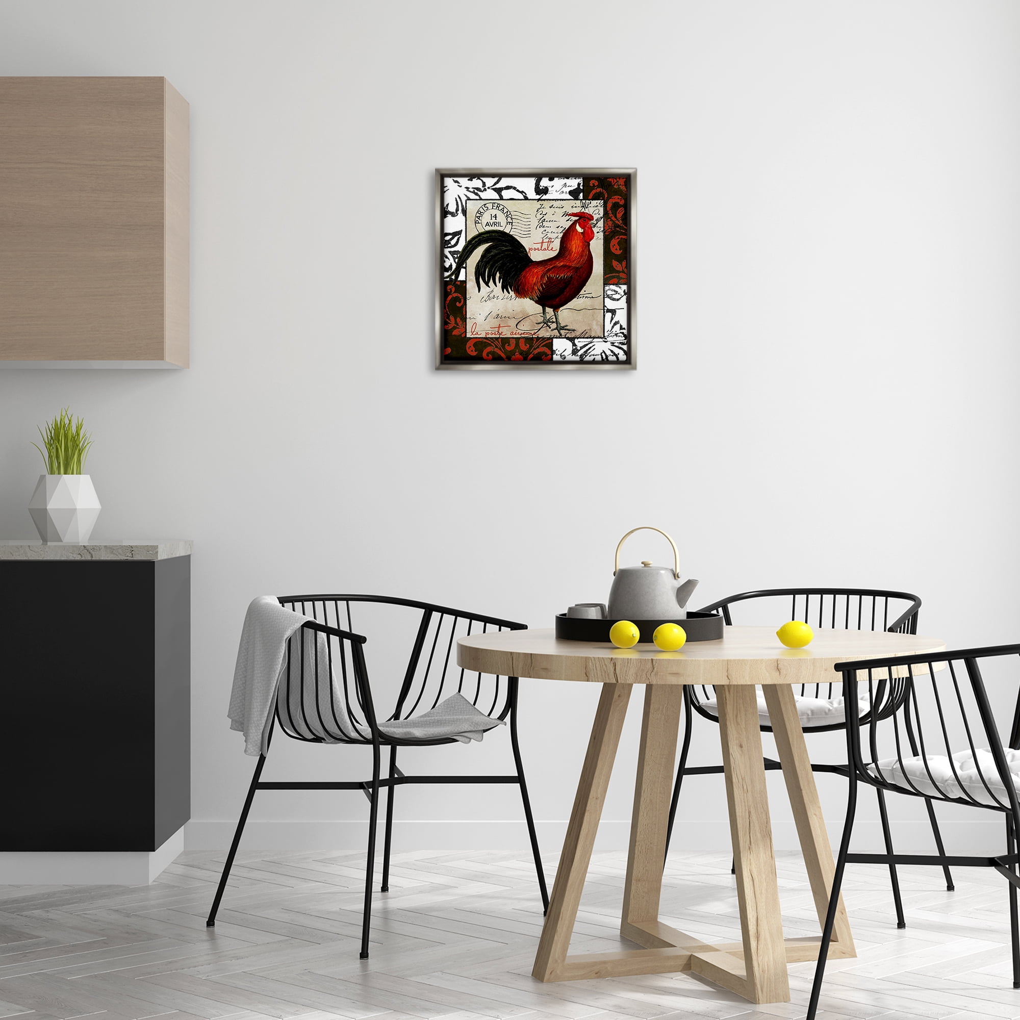 Stupell Industries Rooster & Vintage Post Animals Painting Gray Floater Framed Canvas Art Print Wall Art, 18 x 18