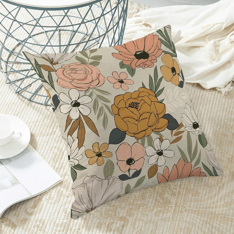 Spring Floral Pillow Covers 18x18 Inch Set Of 2 - Vintage Pink Mustard Yellow Flowers, Indoor Outdoor Decor