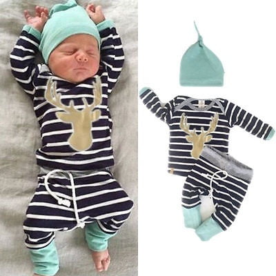 Present For Newborn Baby Girl Newborn Baby Girl Boy Clothes Deer Tops T-shirt+Pants Leggings 3pcs Outfits Set ()