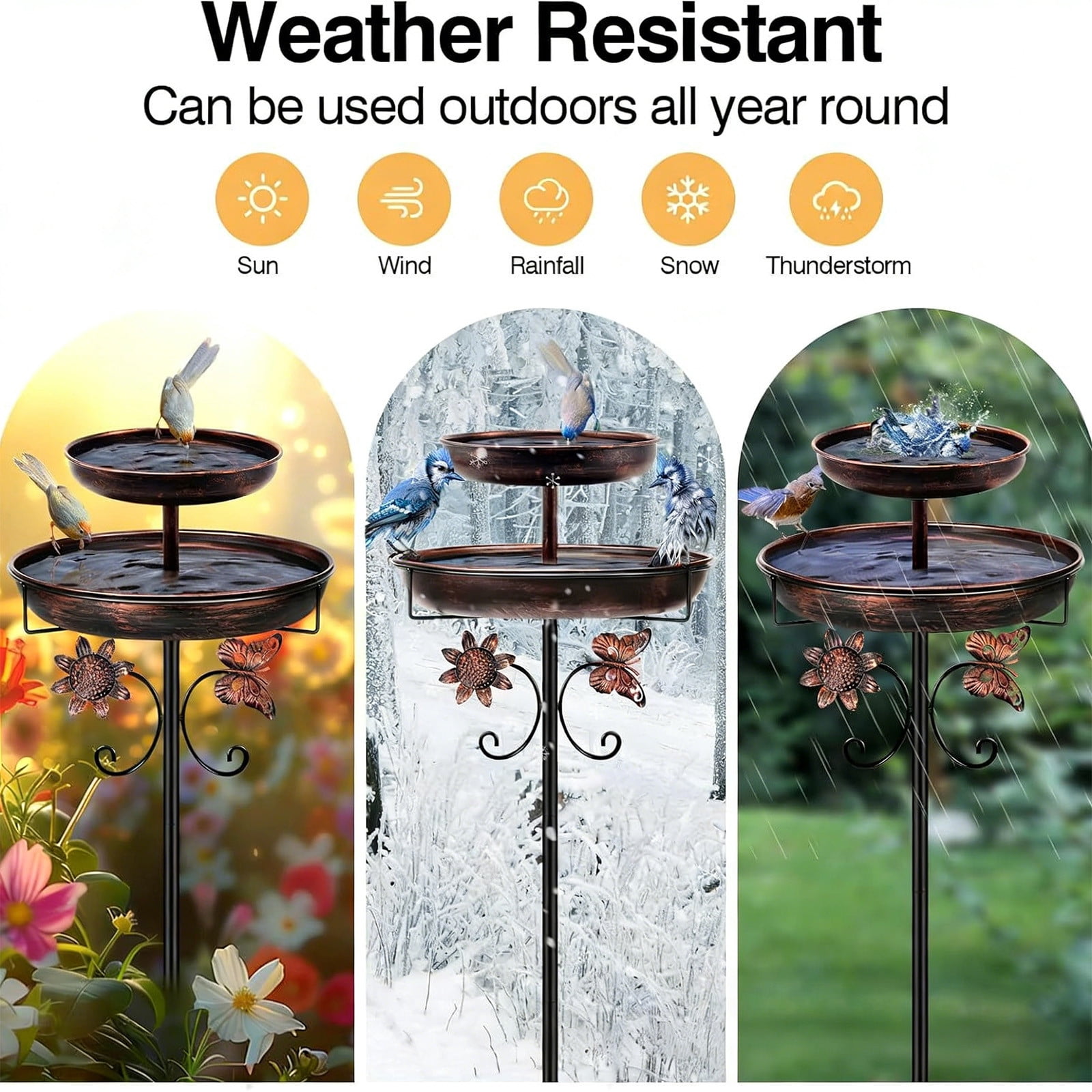 Ground-Mounted Metal Bird Bath & Feeder Stand, Multi-Functional Outdoor Unit for Garden Courtyard Meadow, 33.5 x 12in