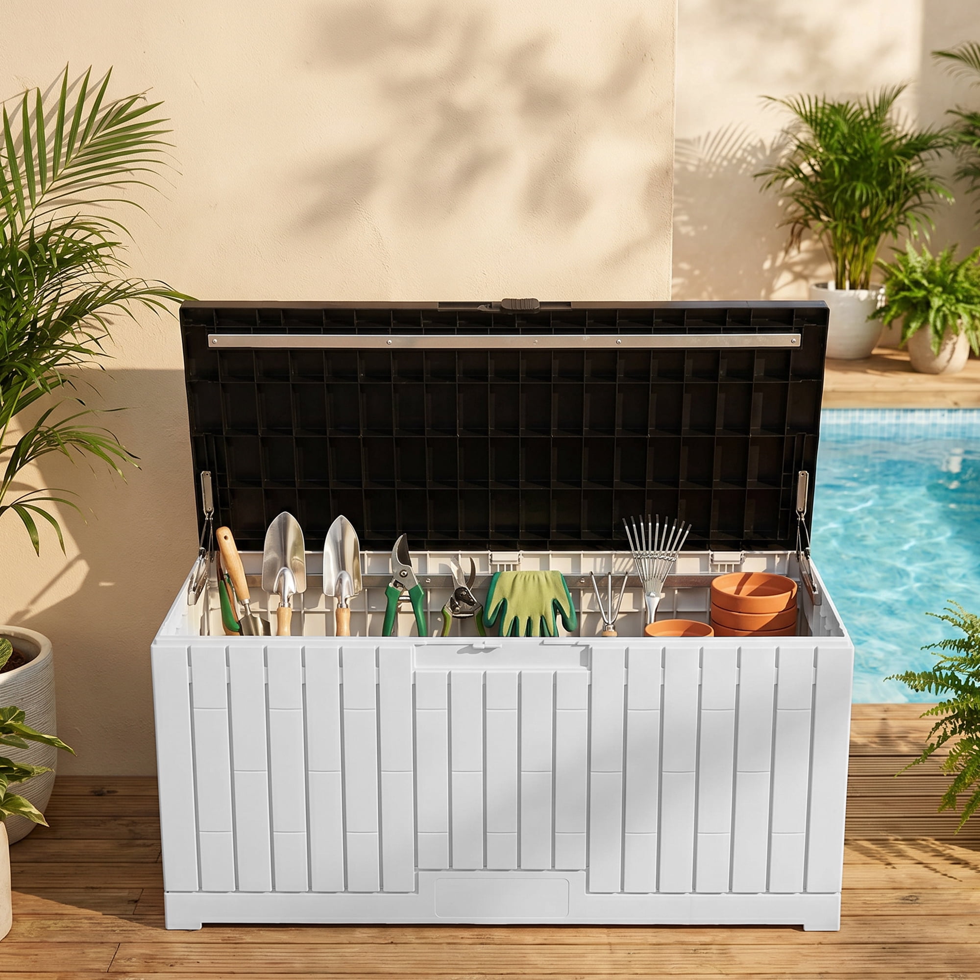 Dextrus 120 Gallon Weatherproof Resin Outdoor Storage Box, Slide Lock Patio Deck Bench for Garden Pool Yard, Easy Assembly, White