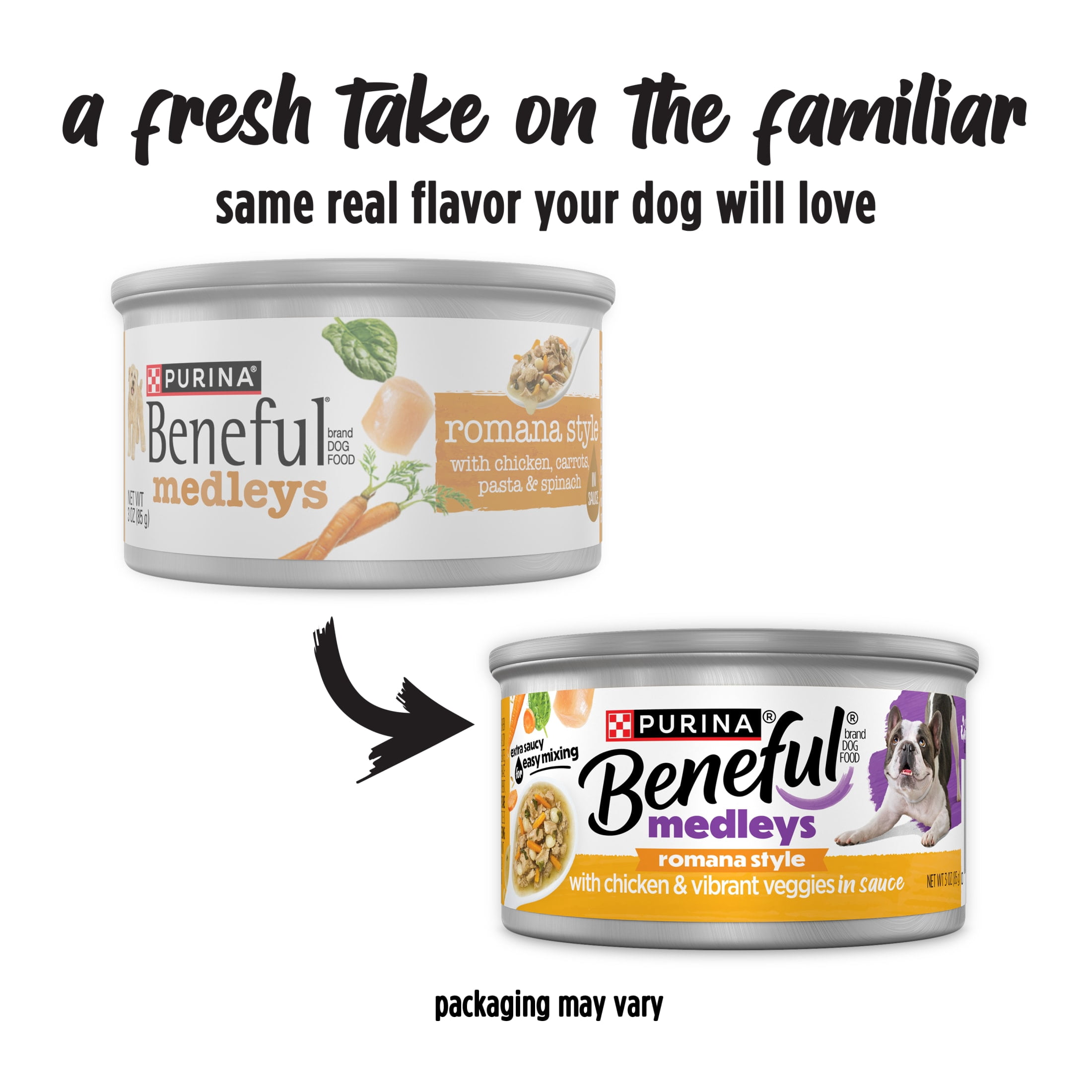 Purina Beneful Medleys Romana Style Wet Dog Food with Real Chicken, Carrots, Pasta, and Spinach in Dog Gravy, 3 oz Can