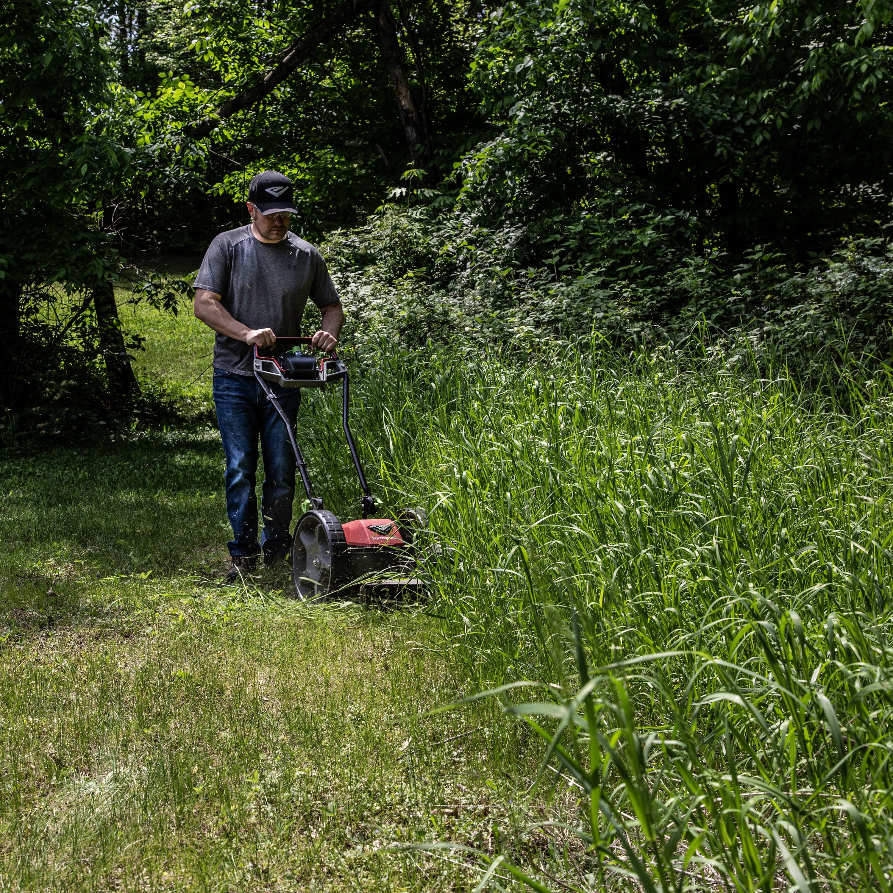 Earthquake 60V Walk Behind String Mower, Includes Two 4Ah Batteries, 22” Cutting Diameter, Three Cutting Speed Dial, 14” Never-Go-Flat Wheels, Easy Assembly, Adjustable Handlebar, 44965