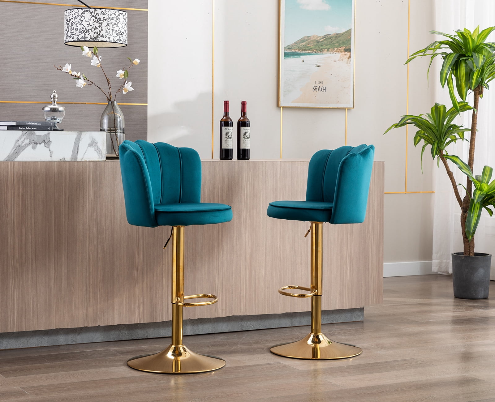 Guyou Swivel Adjustable Bar Stools Set of 2, Velvet Counter Height Barstools with Petal Back and Gold Footrest, Modern Counter Bar Height Stool Chairs for Kitchen Island Bar Cafe, Teal