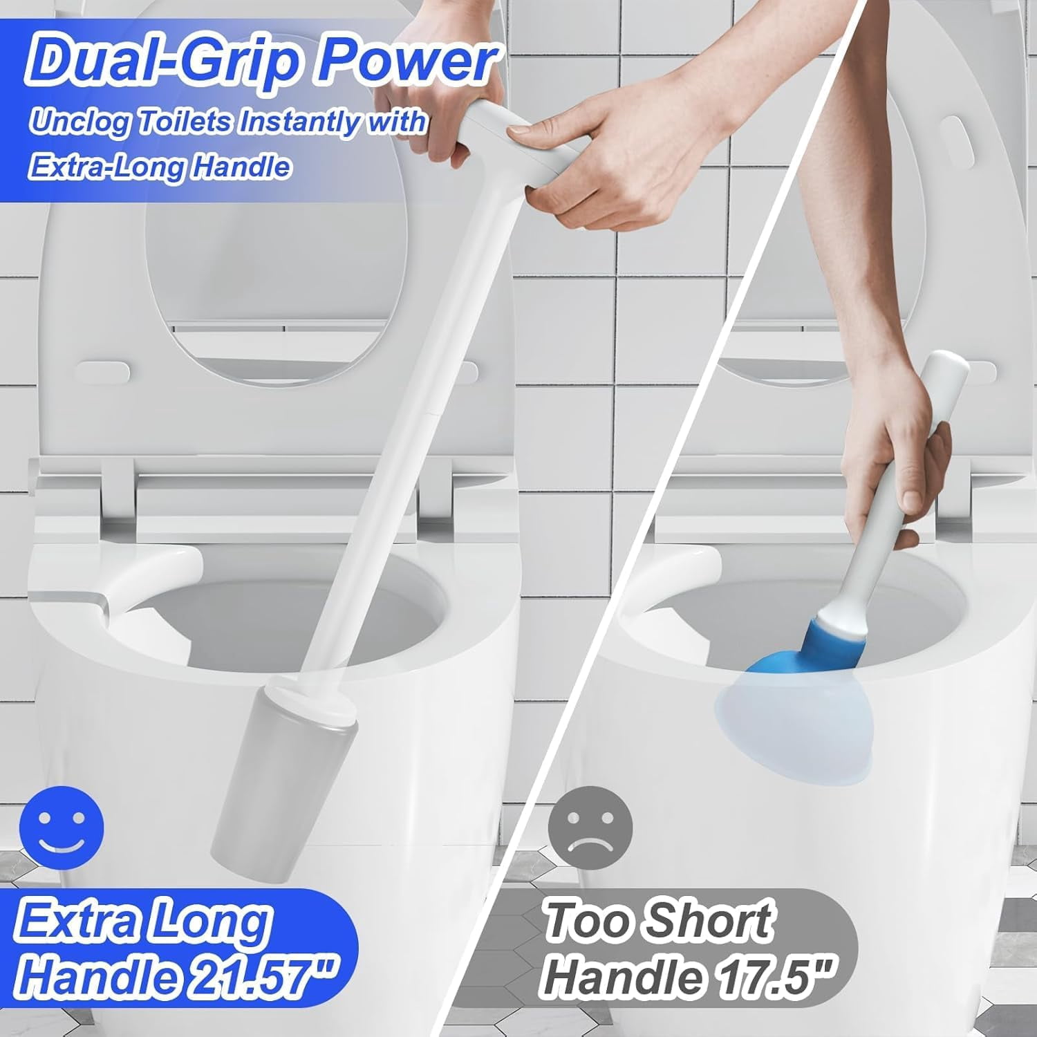 Toilet Brush and Plunger Set, Heavy Duty Bowl Brush and Holder, Bathroom Cleaning Supplies (White)