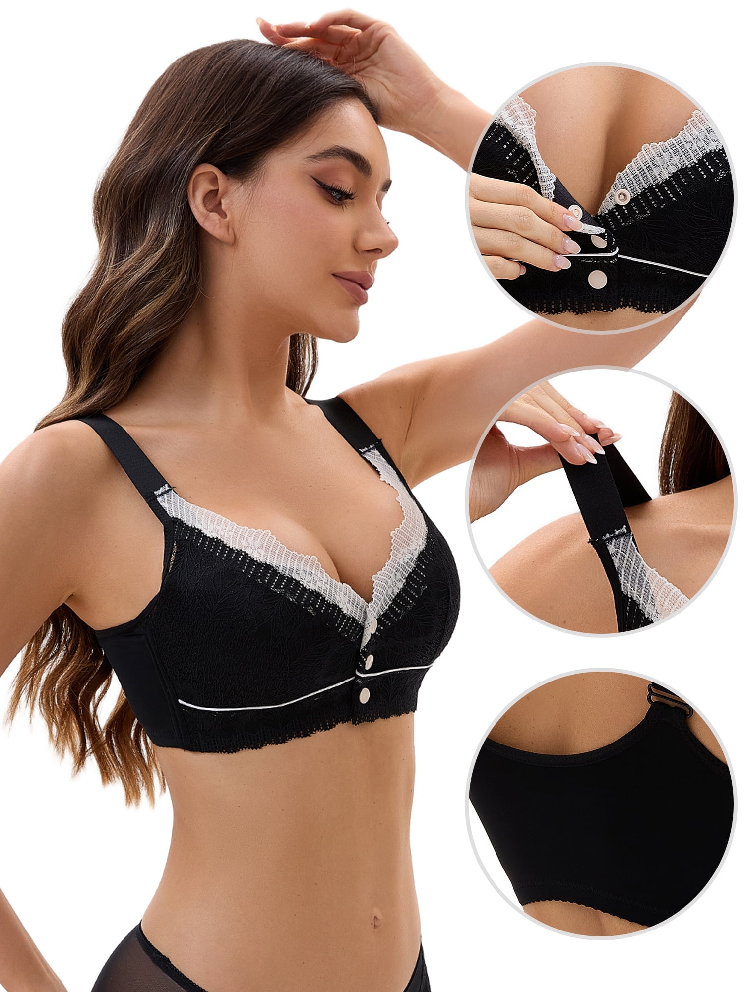 Unique Bargains Front Closure Full Coverage Wirefree Bras L Black