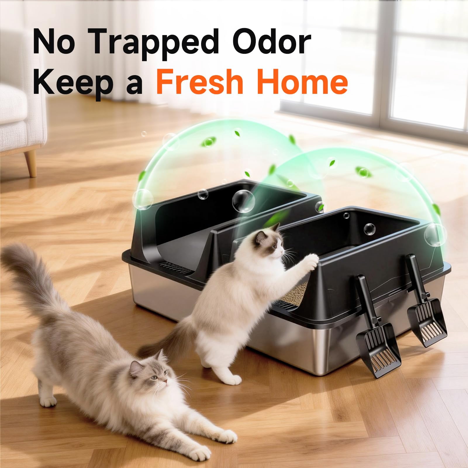 2 Pack Extra Large Stainless Steel Cat Litter Boxes with High Sides, Includes 2 Scoops