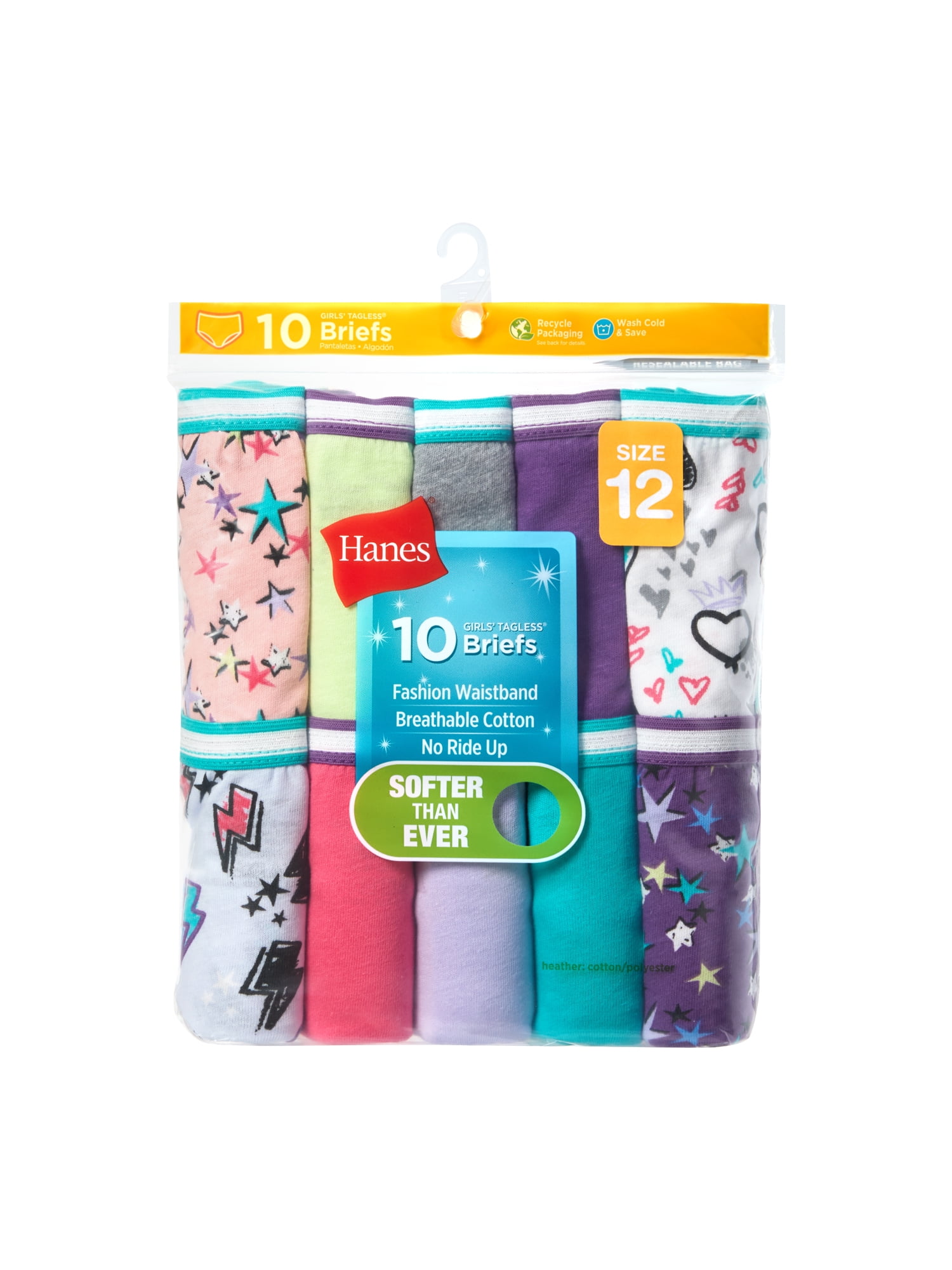 Hanes Girls' Tagless Super Soft Cotton Brief Underwear, 10 Pack