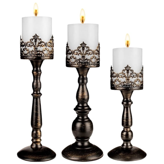 3-Piece Crown Candle Holder Set,Gothic Hollow Carved Candle Stands,Vintage Table Centerpiece for 3 Inch Pillar Candles,Black Decor