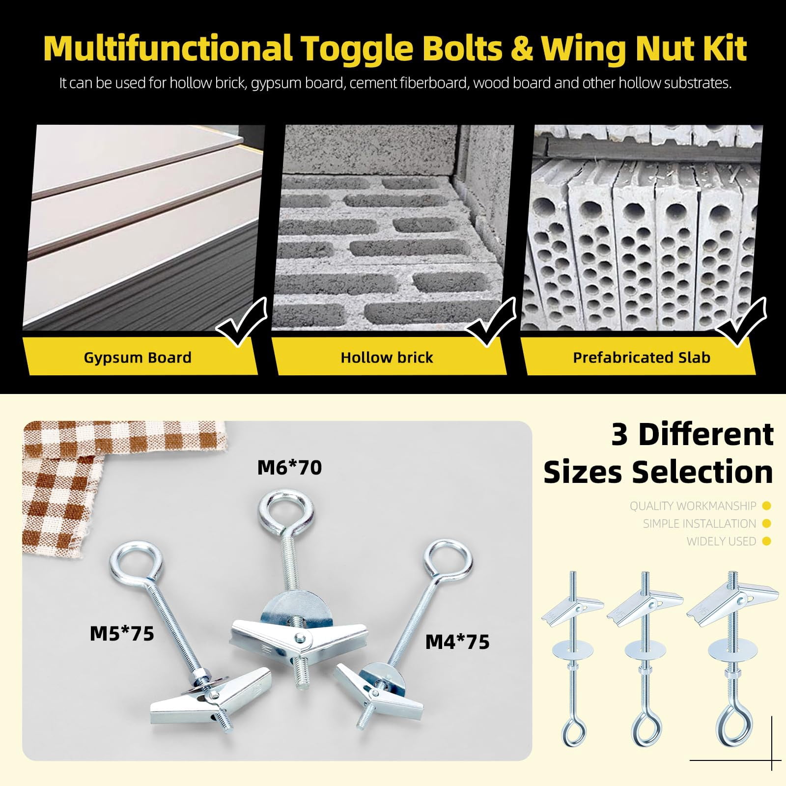 15Pcs M6 x 70mm Eye Bolt Toggle Bolt Assortment Kit, Spring Toggle Bolts Butterfly Anchors Butterfly Toggle Anchors, Heavy Duty Drywall Anchors with Wing Nut for Hanging Lamps Heavy Items