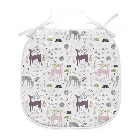 Forest Dining Chair Pad, Enchanted Woodland Creatures Deer with Curved Antlers Foliage Dotted Rocks Pattern, Water Resistant Pillow with Straps for Seats, 2 Pieces Set, Multicolor, by Ambesonne