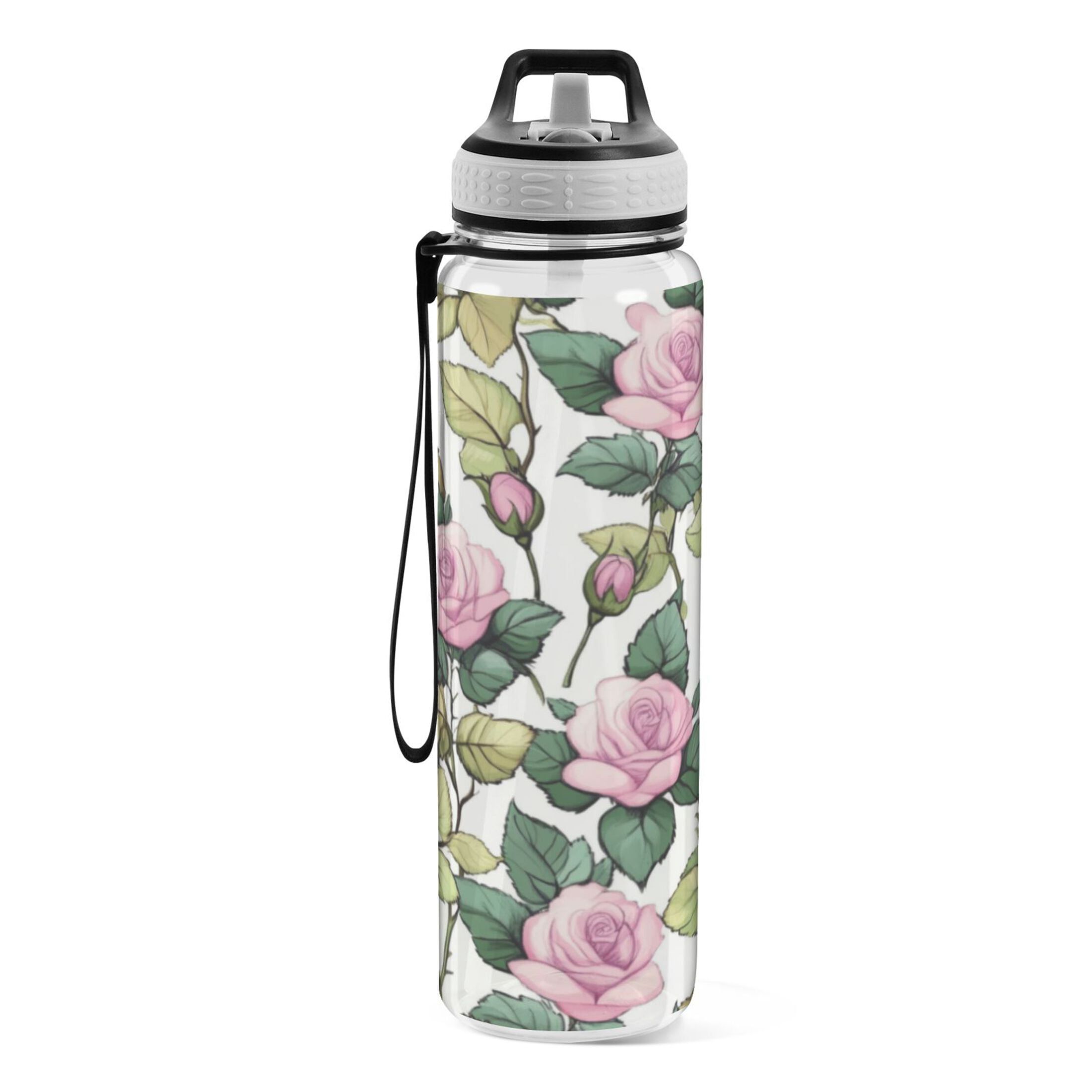 Qxltty Pink Roses Water Bottle 32 oz with Straw BPA Free Reusable Fitness Sport Bottle Perfect for Travel School Outdoors and Gym