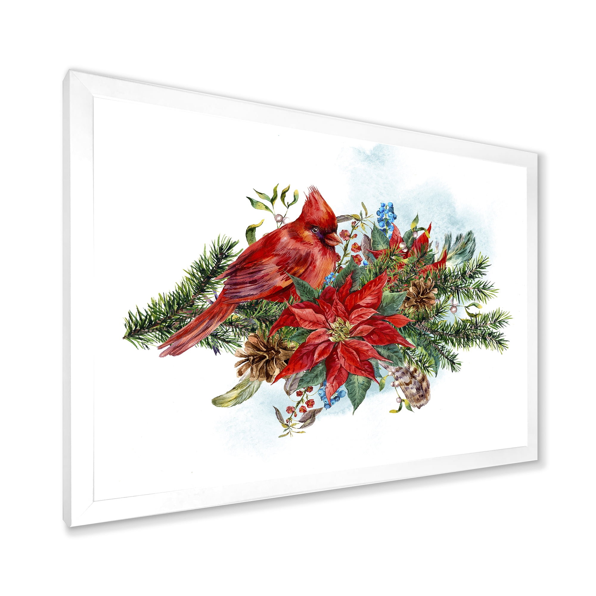 Designart 'Christmas Red Cardinal Bird and Poinsettia' Traditional Framed Art Print